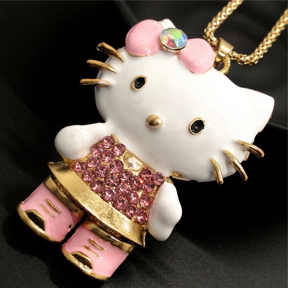 Kitty Cat Pink Enamel Cute Bow Crystal Chain Necklace - Picture 3 of 6